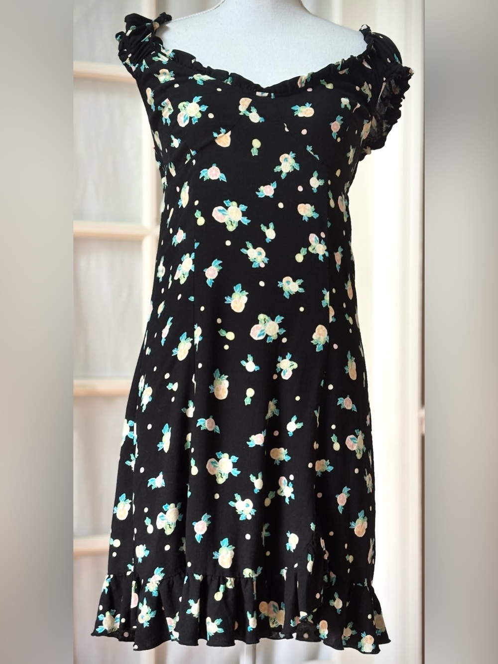 Free People Like A Lady Mini Dress Black Floral Open Back Ruffle Hem L - Picture 5 of 12